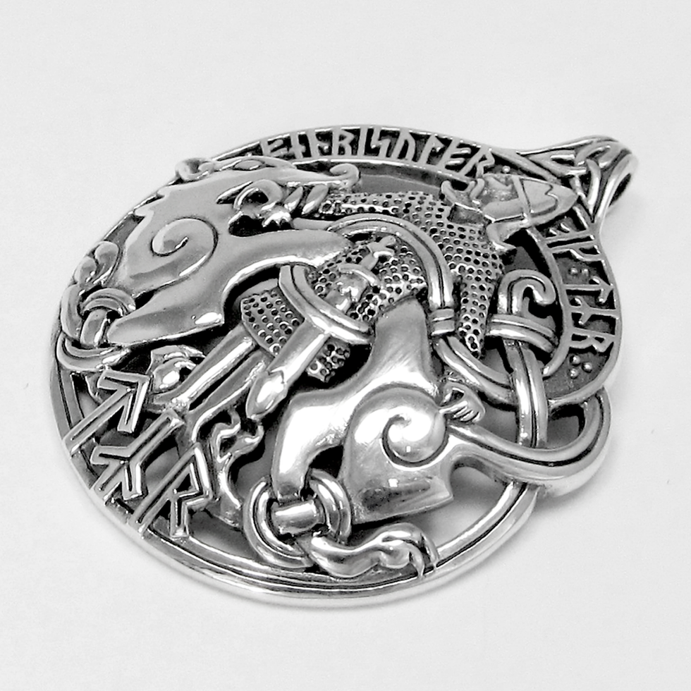 Thumbnail: Sterling silver pendant with intricate Norse design, animal figures, and FJALRAUFR EPTER.