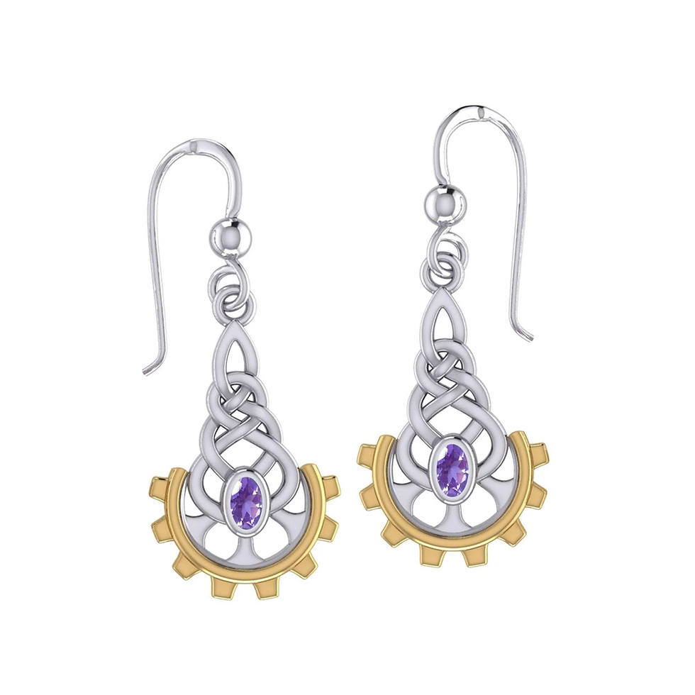 Pair of steampunk earrings with silver Celtic knot, gold gears, and amethyst.