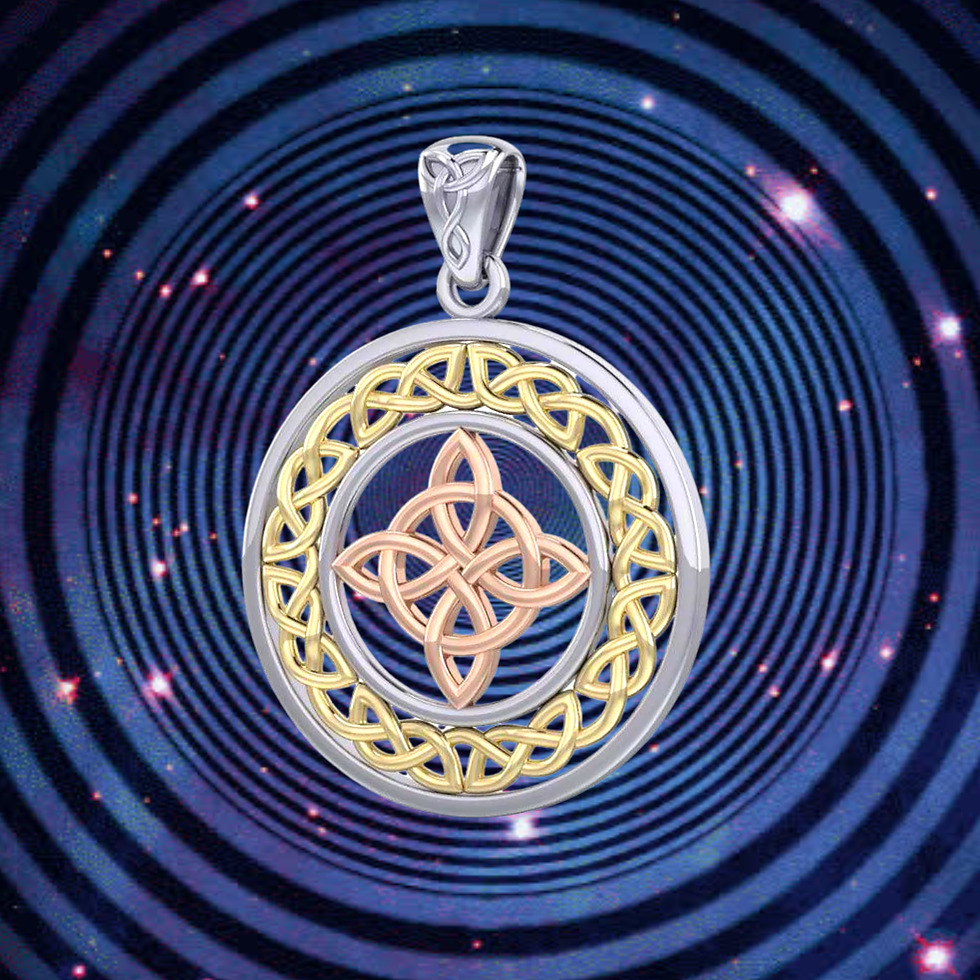 Thumbnail: Intricate silver Celtic knot pendant with gold accents on cosmic background.