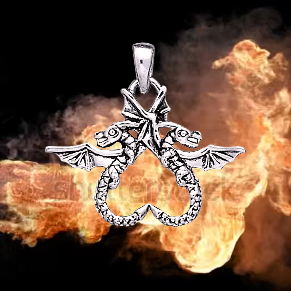 Thumbnail: Silver double dragon heart pendant, shutterstock watermark, fiery background.