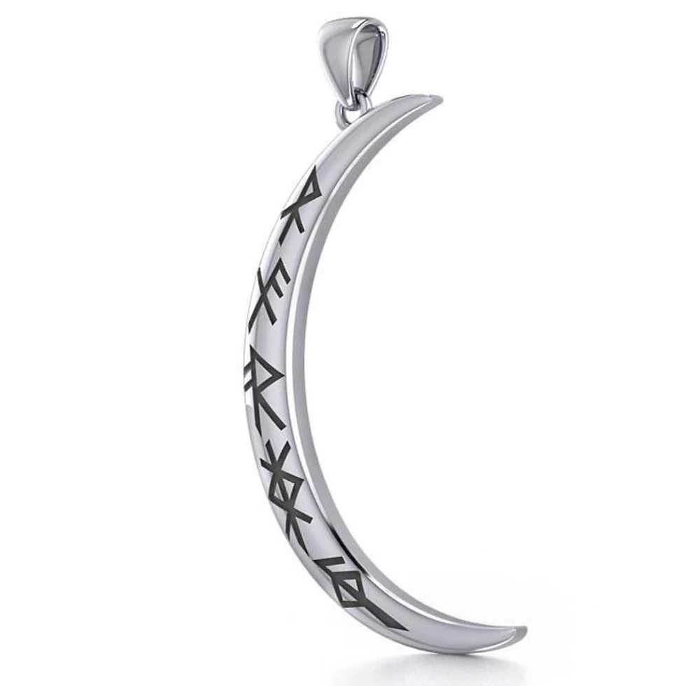 Silver crescent moon pendant with carved runic symbols on its inner curve.