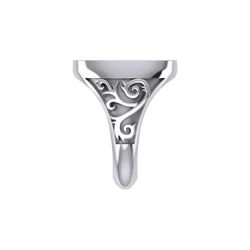 Thumbnail: Silver ring side view with ornate scrollwork design on band.