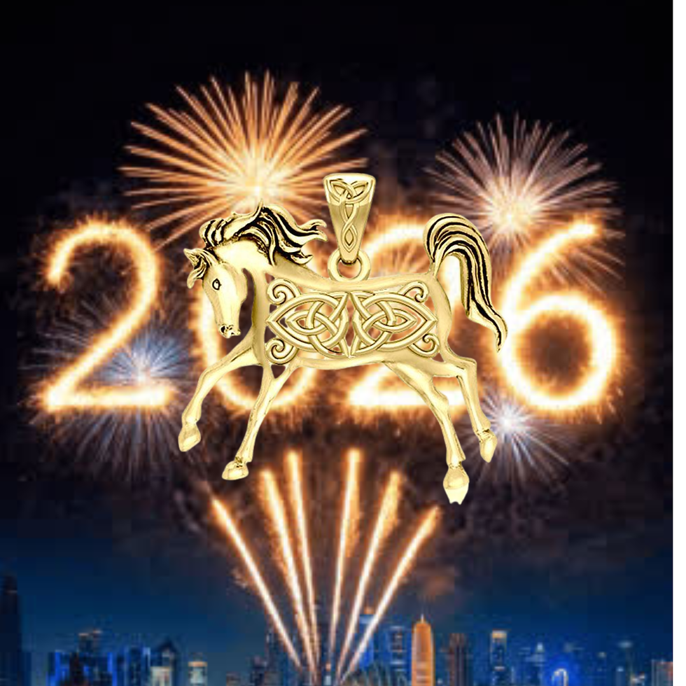 Thumbnail: Golden Celtic Knot horse pendant with "2026" fireworks over a city.