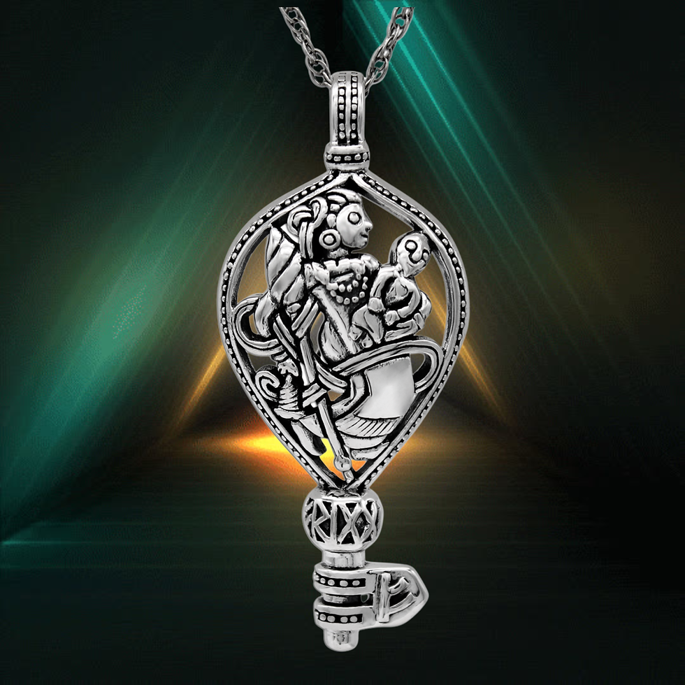 Thumbnail: Silver key pendant with intricate figure design against dark geometric background.