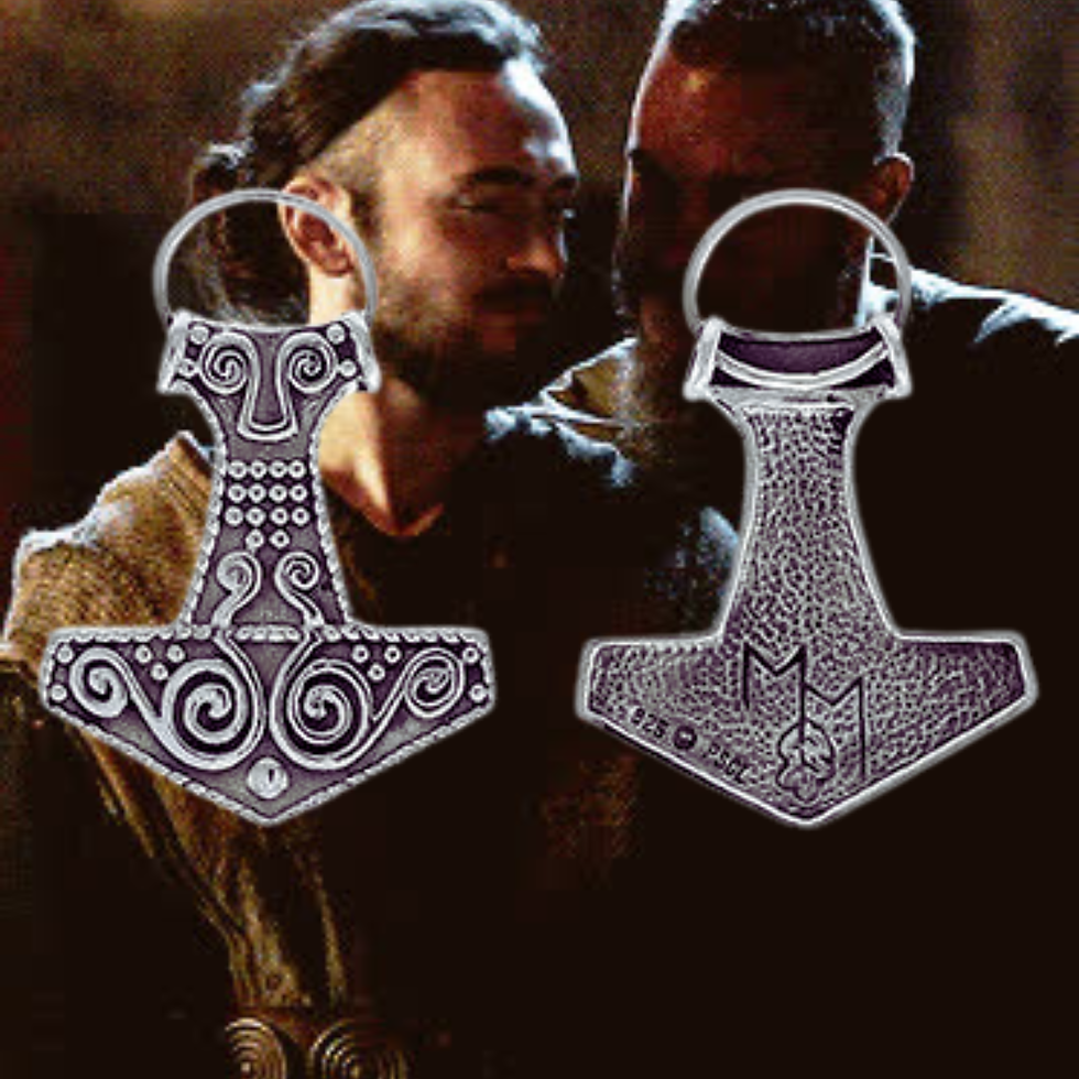 Thumbnail: Detailed Thors Hammer Jewelry Sterling Silver TPD3182 pendants layered over two men.