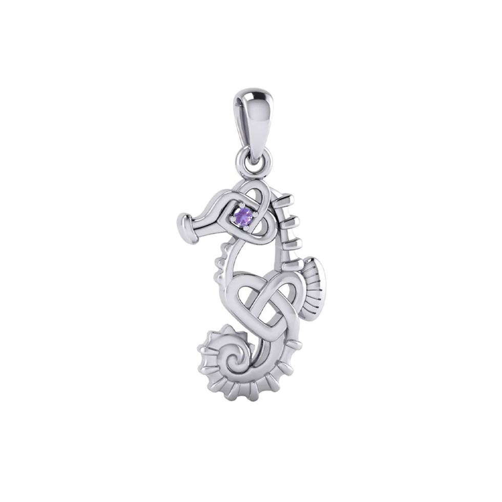 Thumbnail: Silver seahorse pendant featuring Celtic knot design and small purple gemstone.