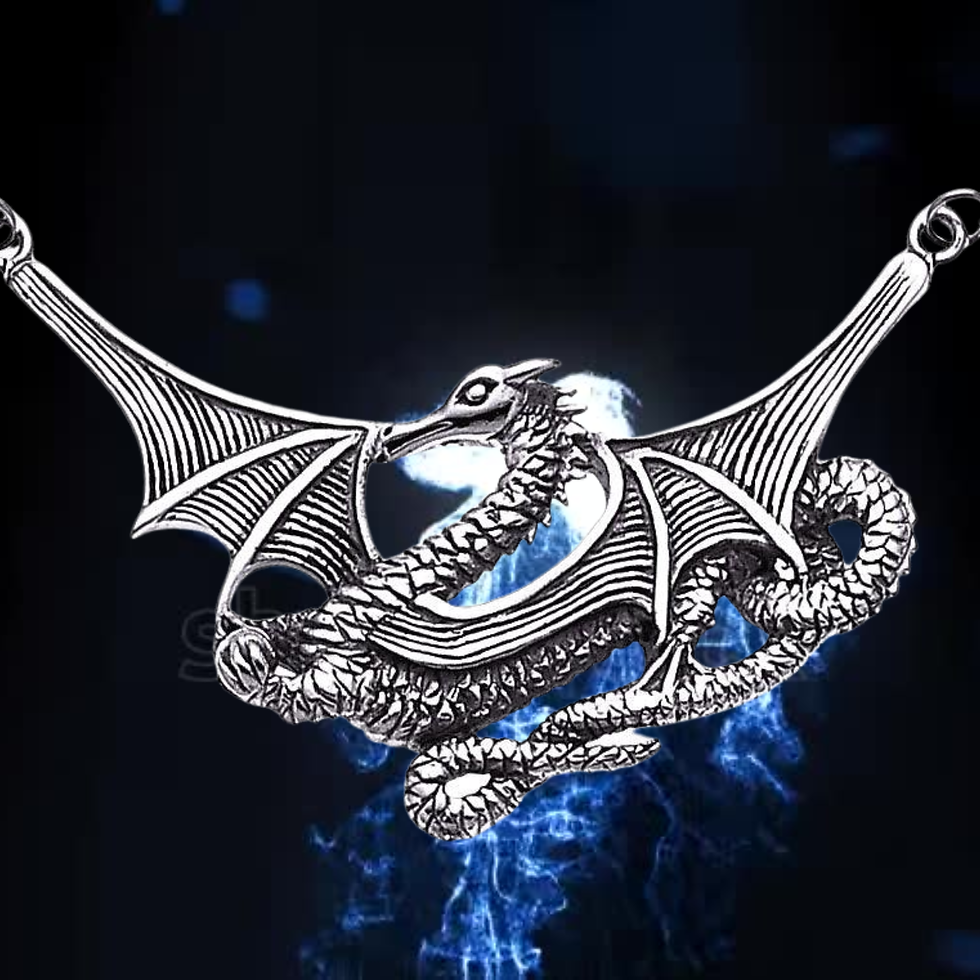 Thumbnail: Detailed silver winged dragon jewelry pendant with a mystical blue glow.