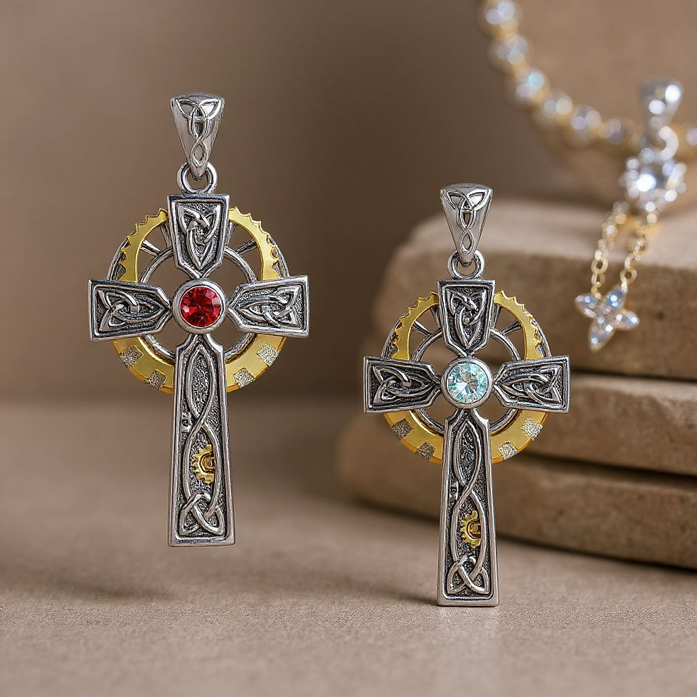 Thumbnail: Two intricate silver Celtic cross pendants with gold gears, red and blue gemstones.