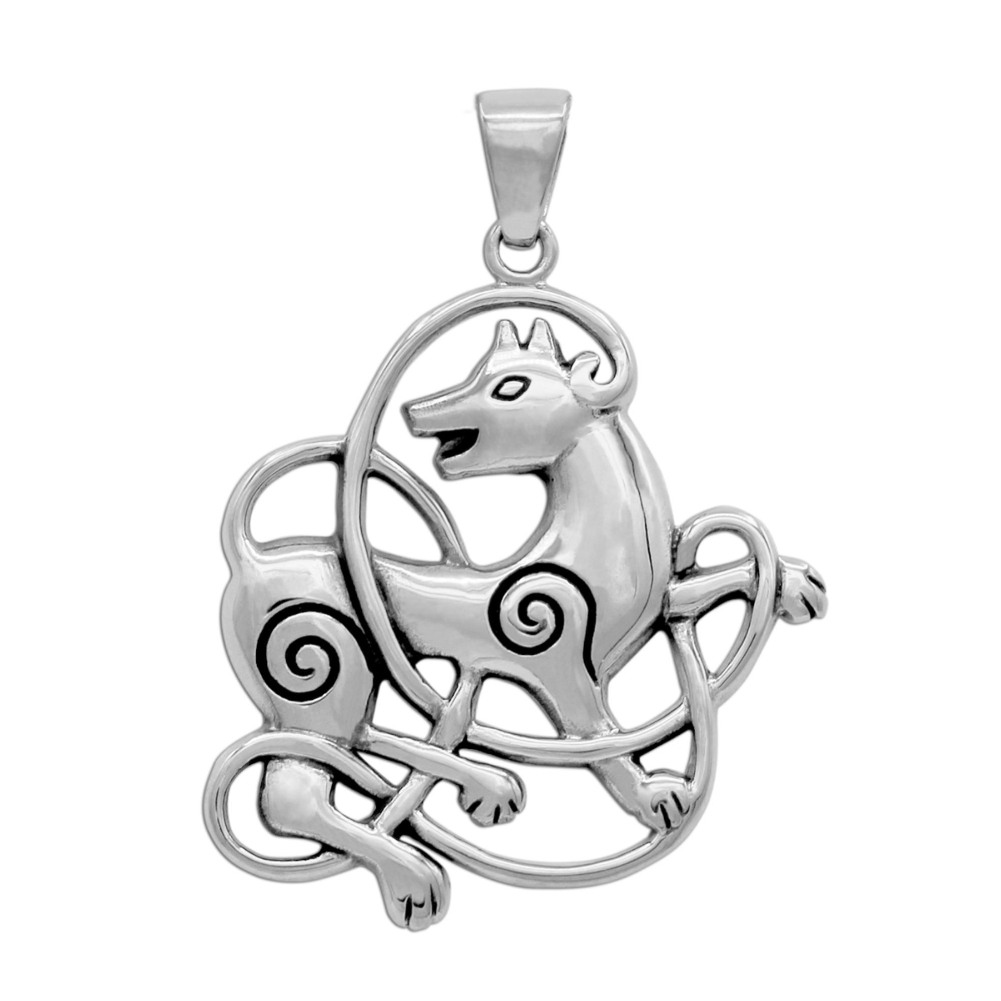 Polished silver Celtic knot dog pendant, intricate stylized animal design.