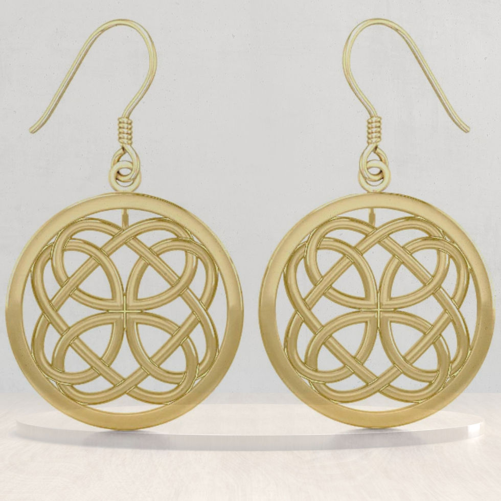 Thumbnail: Pair of intricately designed gold Celtic knot earrings.