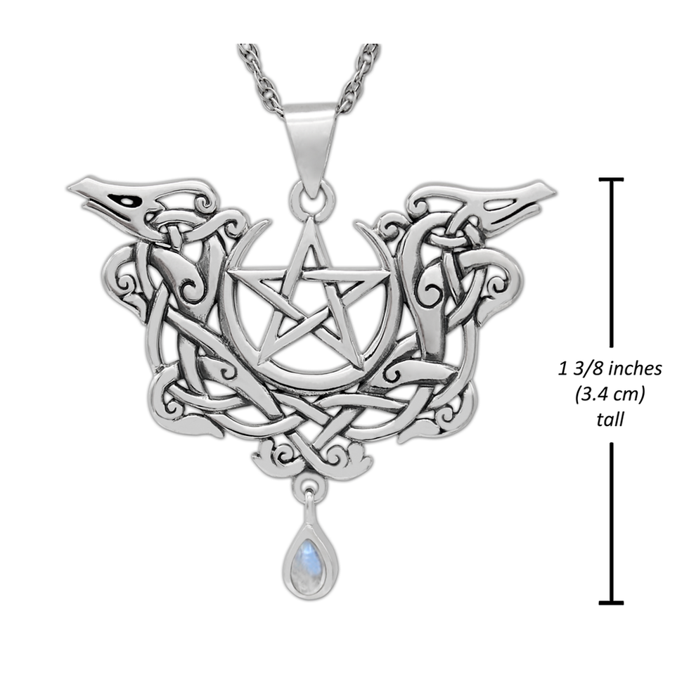Thumbnail: Silver Celtic knot pentagram pendant with dragons, 1 3/8 inches (3.4 cm) tall.