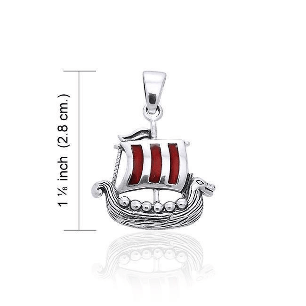 Thumbnail: Silver Viking longship pendant with red sails, 1 ½ inch (2.8 cm).