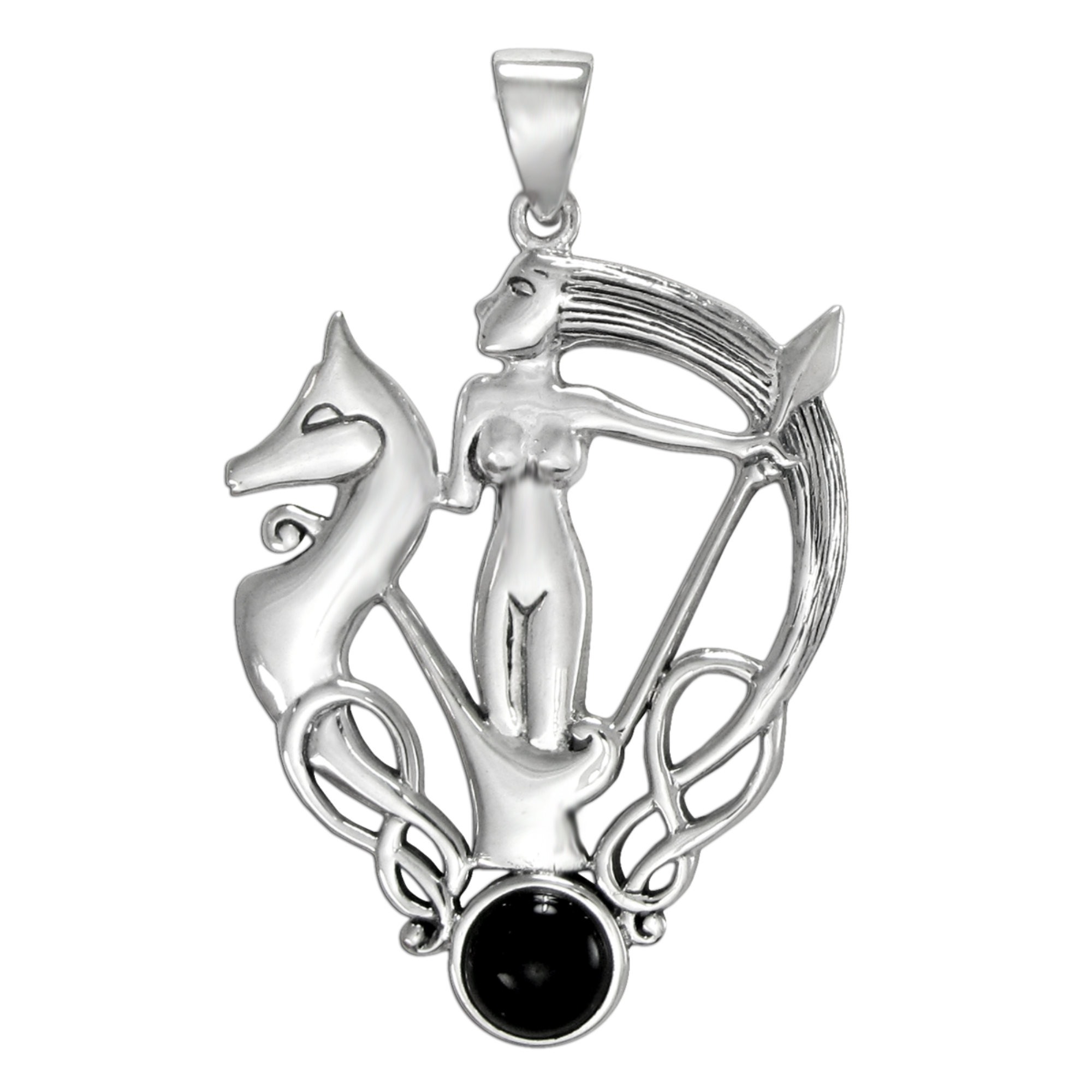 Silver mermaid and seahorse pendant with black gemstone and Celtic knots.