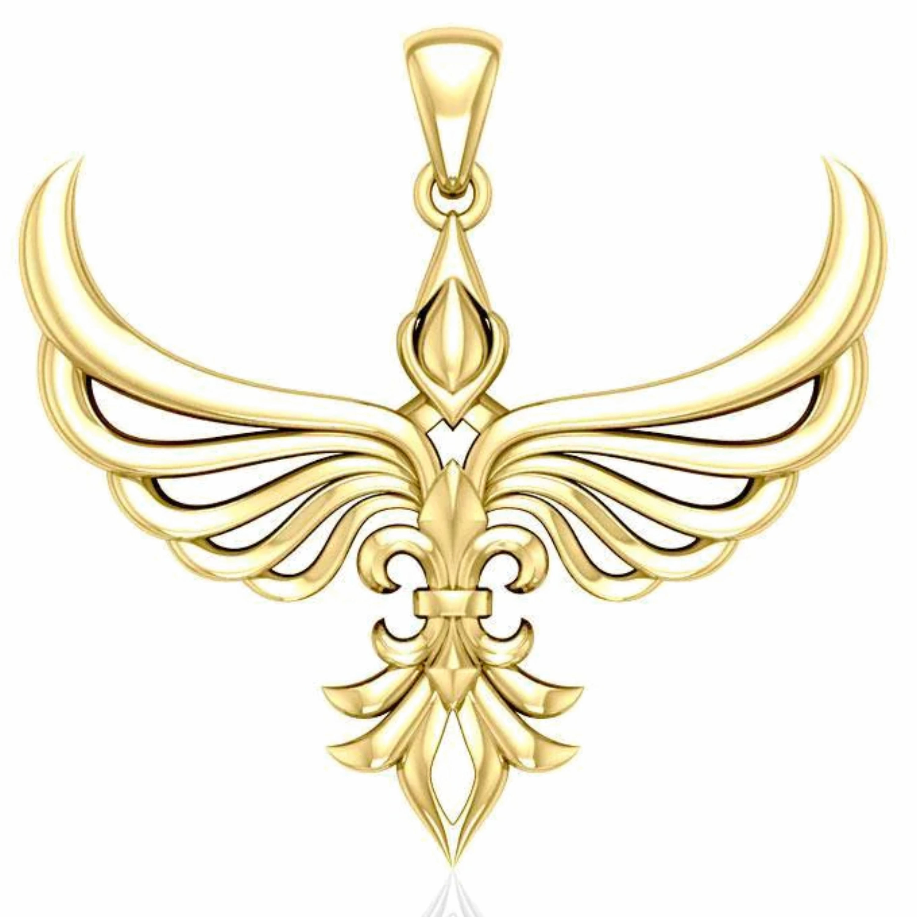 Elegant gold phoenix-inspired pendant with detailed wings and fleur-de-lis.
