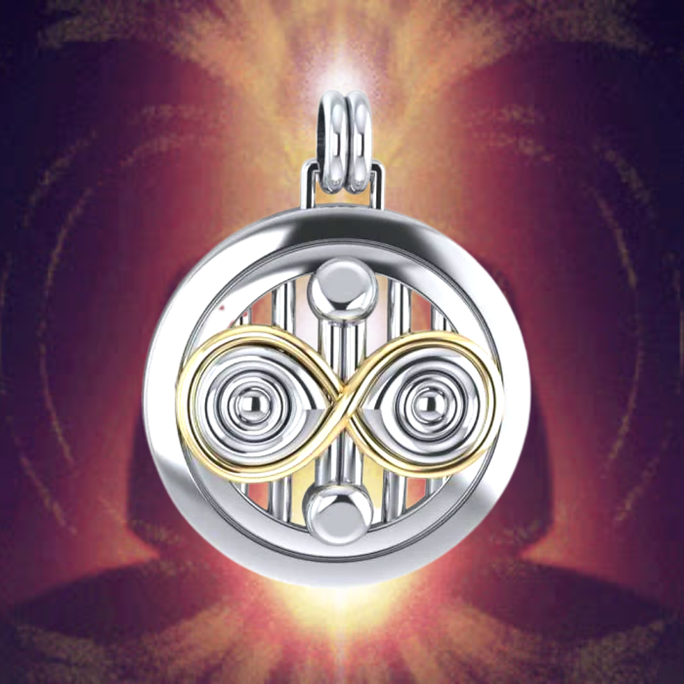 Thumbnail: Elegant silver and gold circular pendant with intricate infinity knot design.