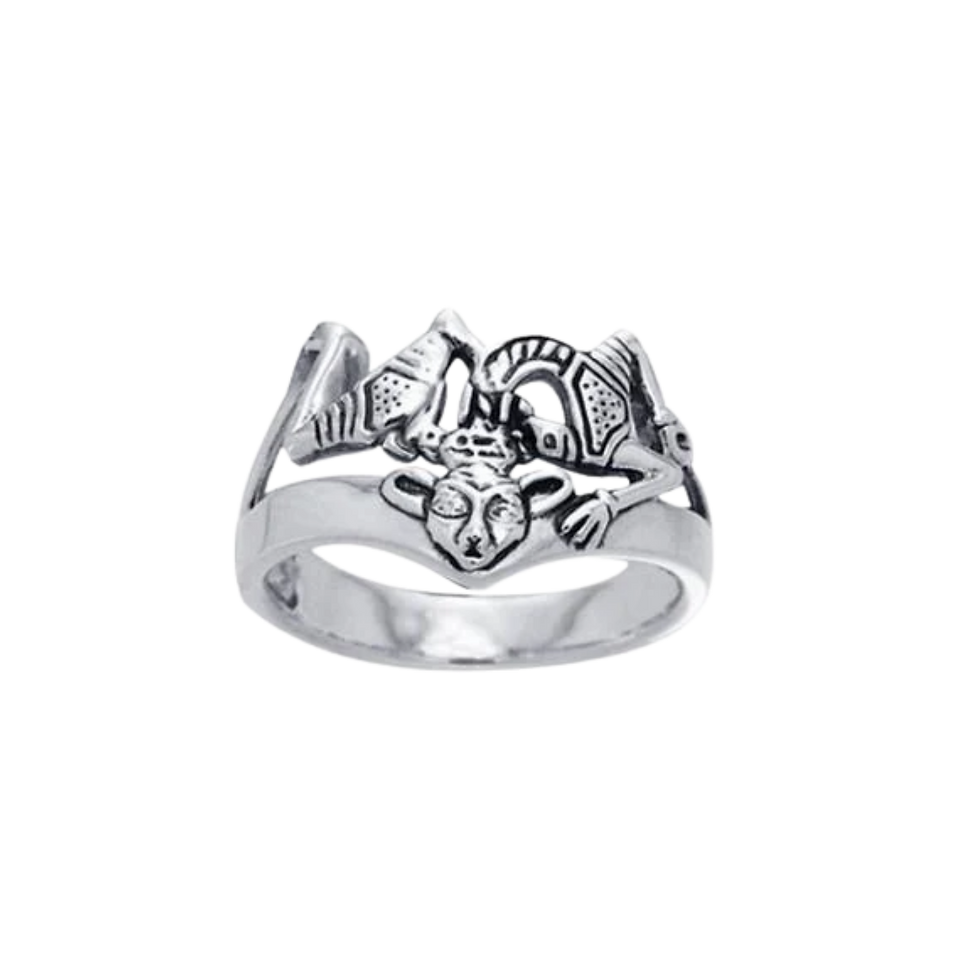 Thumbnail: Ornate sterling silver ring with intricate gothic carving and central face.