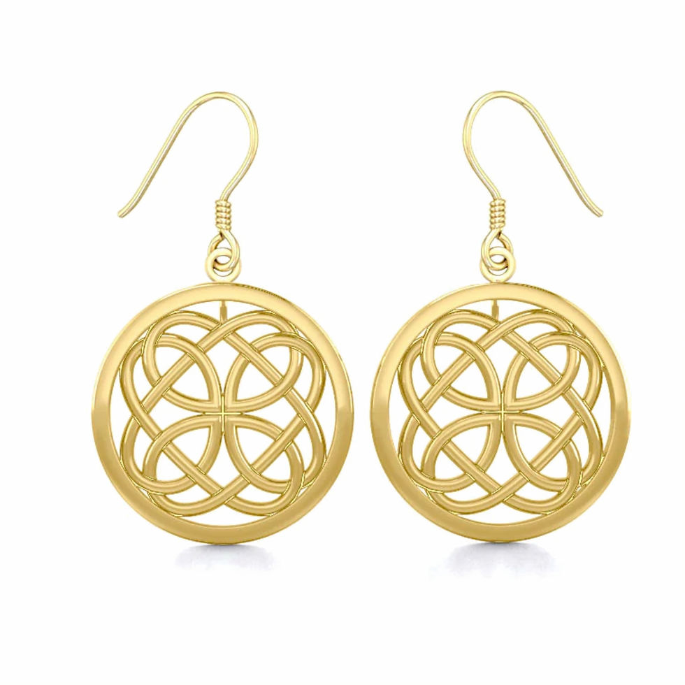 Pair of round gold dangle earrings with intricate Celtic knot design.