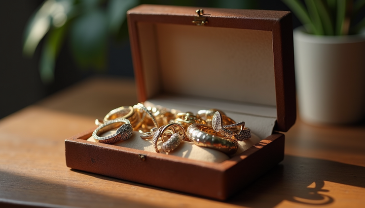Eye-level view of a jewelry box containing various rings and bracelets
