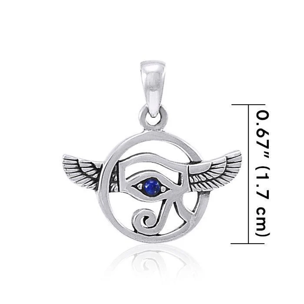 Thumbnail: Silver winged Eye of Horus pendant, blue gem. Measures 0.67" (1.7 cm).