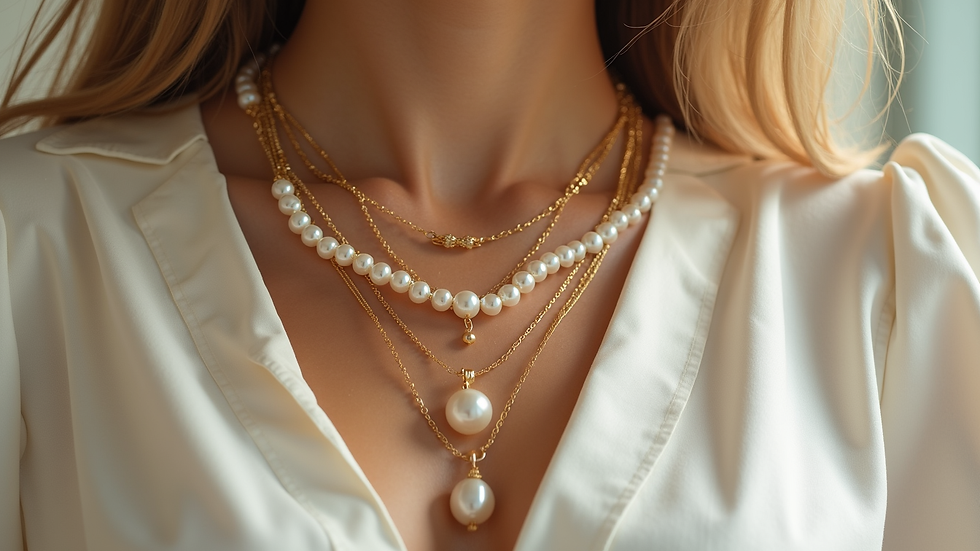 Eye-level view of layered gold and pearl necklaces