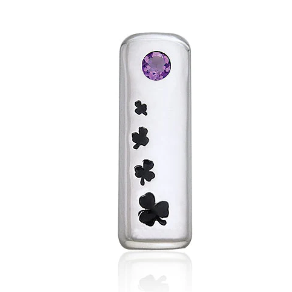Rectangular silver pendant with a purple gem and three black shamrocks.