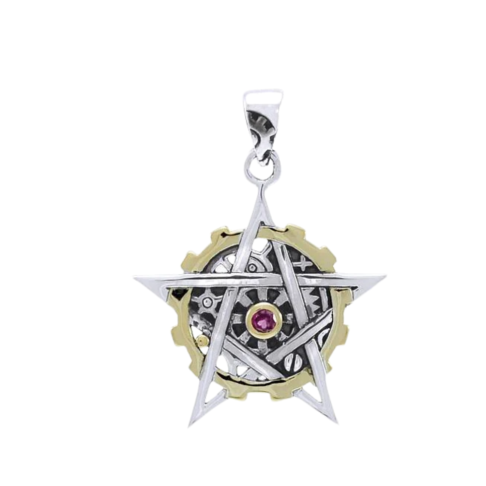 Thumbnail: Steampunk pentagram pendant with silver frame, gold gears, and red gemstone.