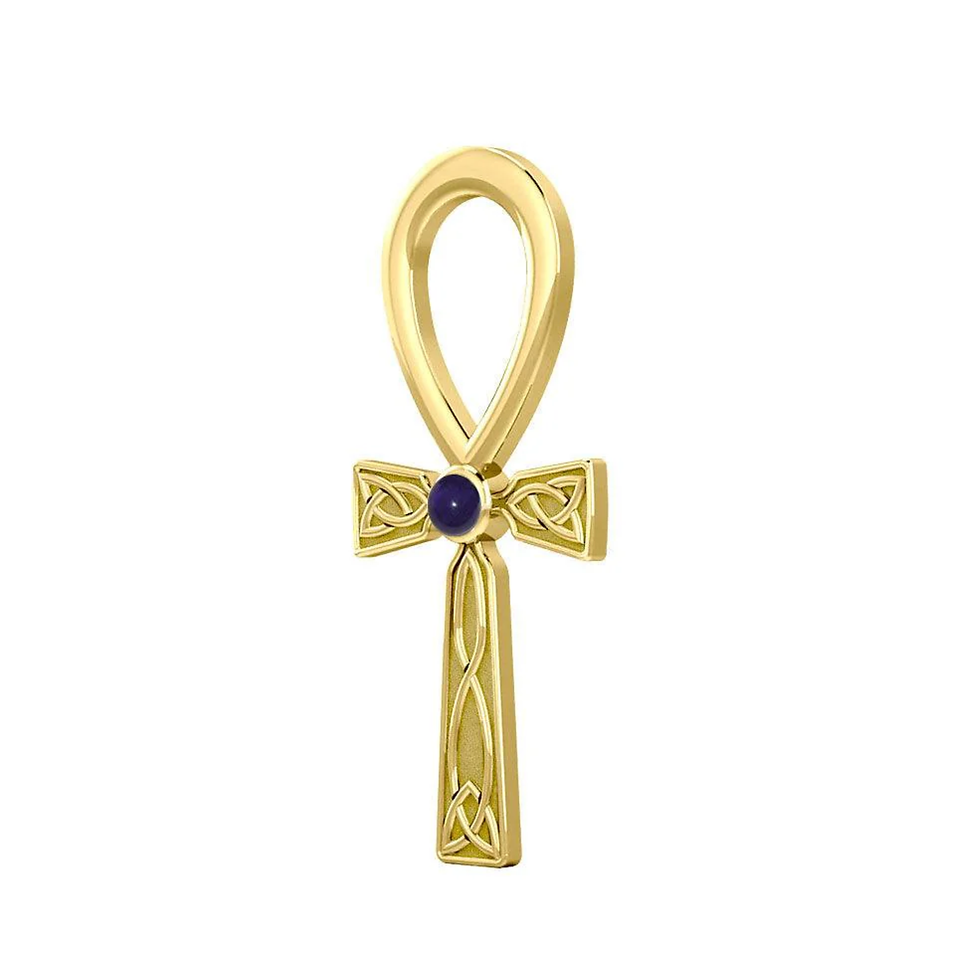 Thumbnail: Golden ankh pendant with blue gem and intricate Celtic knot design.