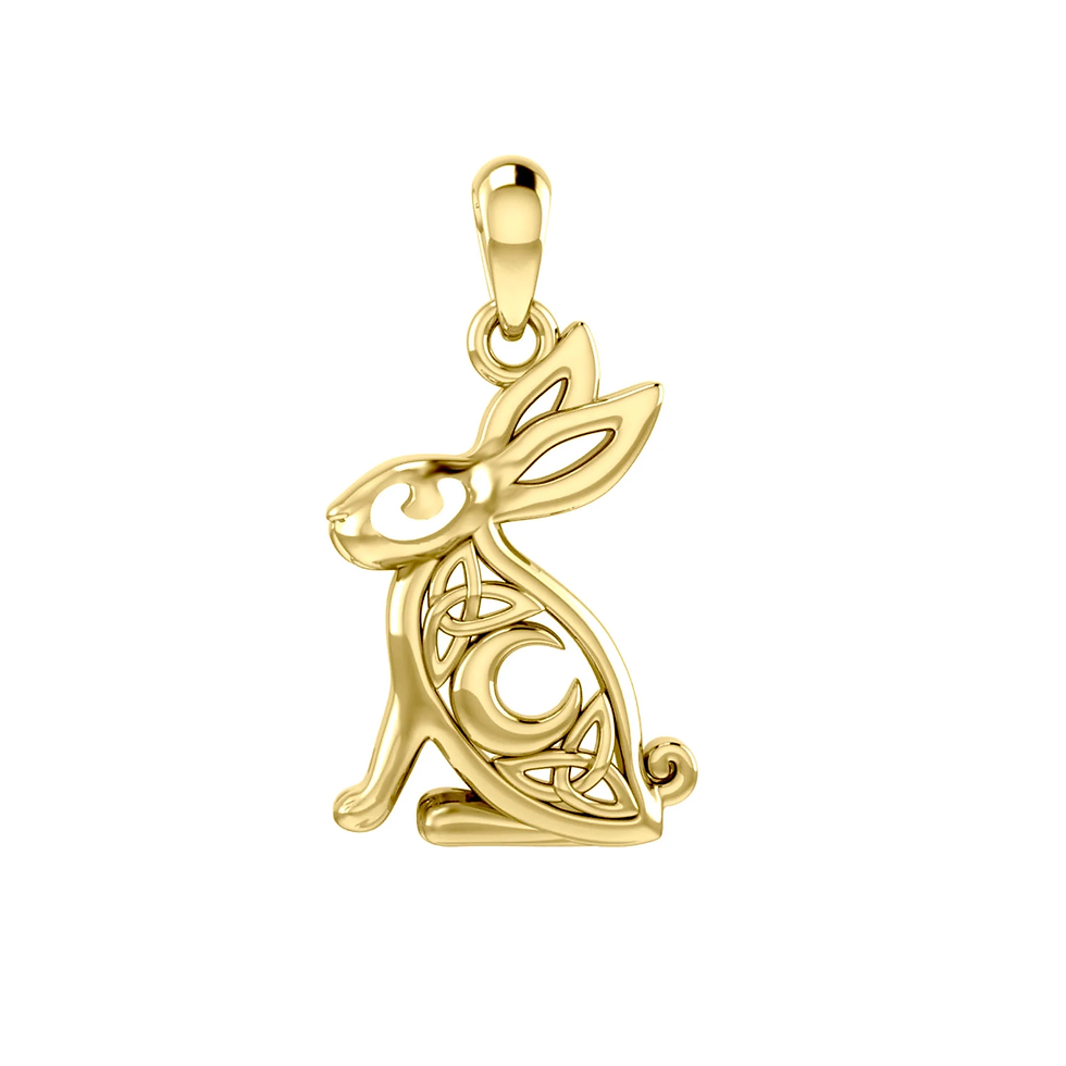 Gold Celtic rabbit pendant with crescent moon and knotwork design.