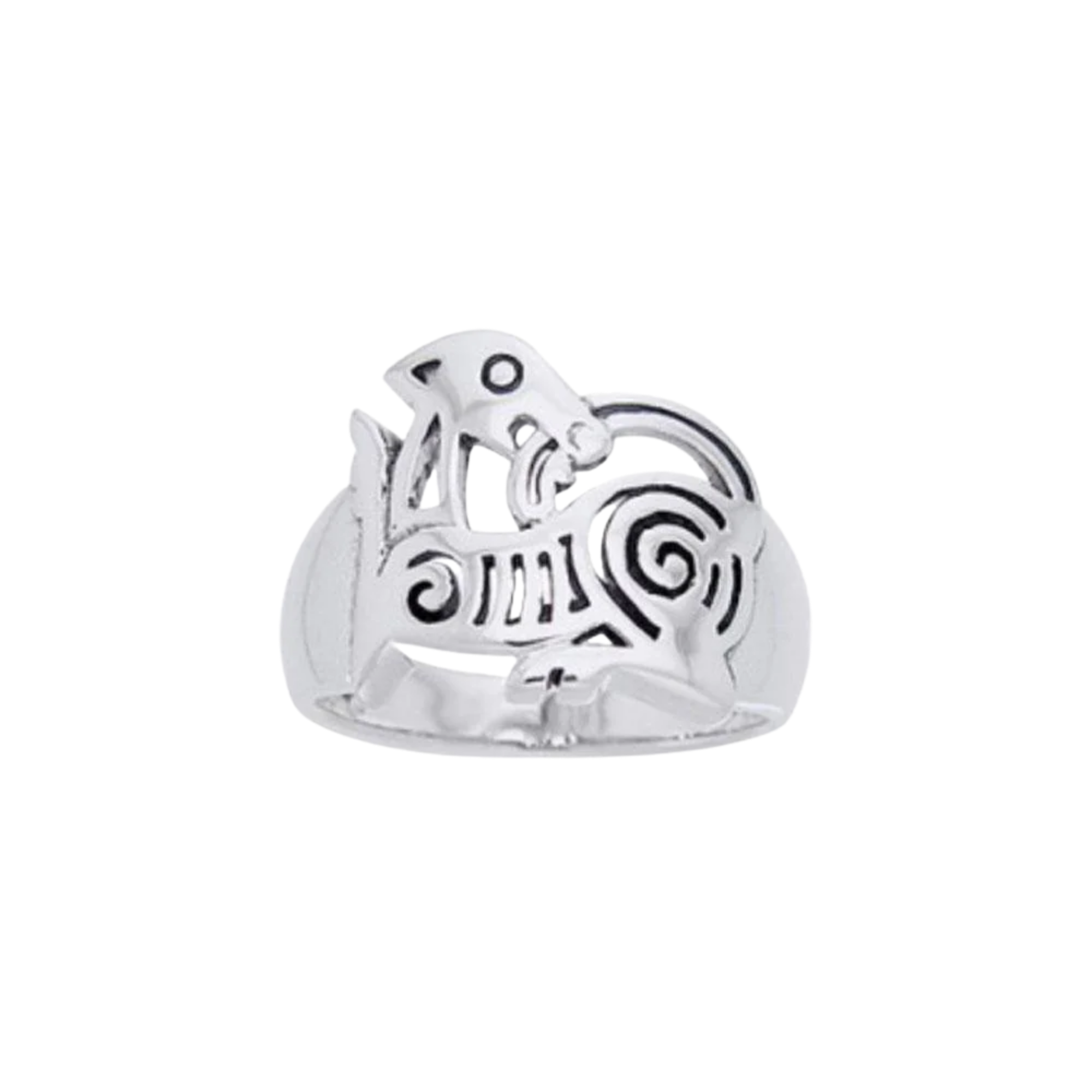 Silver ring featuring stylized ram with intricate Celtic spiral designs.