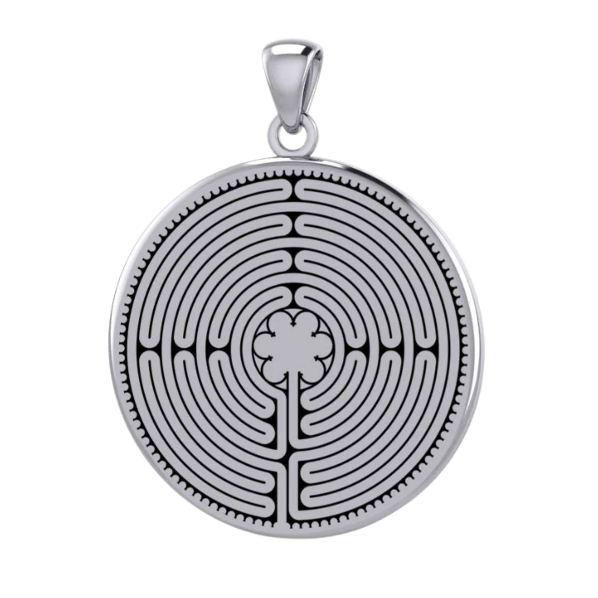 Silver circular pendant featuring a detailed Chartres labyrinth pattern.