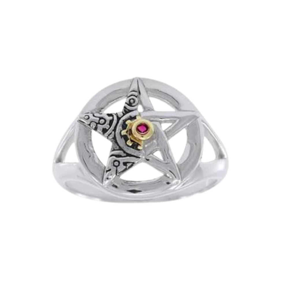 Silver ring with pentagram, intricate steampunk design, gold accents, and red gemstone.
