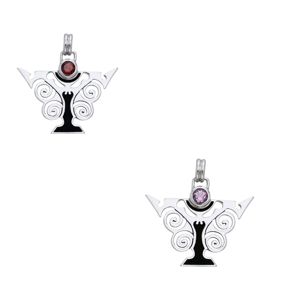 Thumbnail: Two intricate silver pendants featuring red and purple central gems.