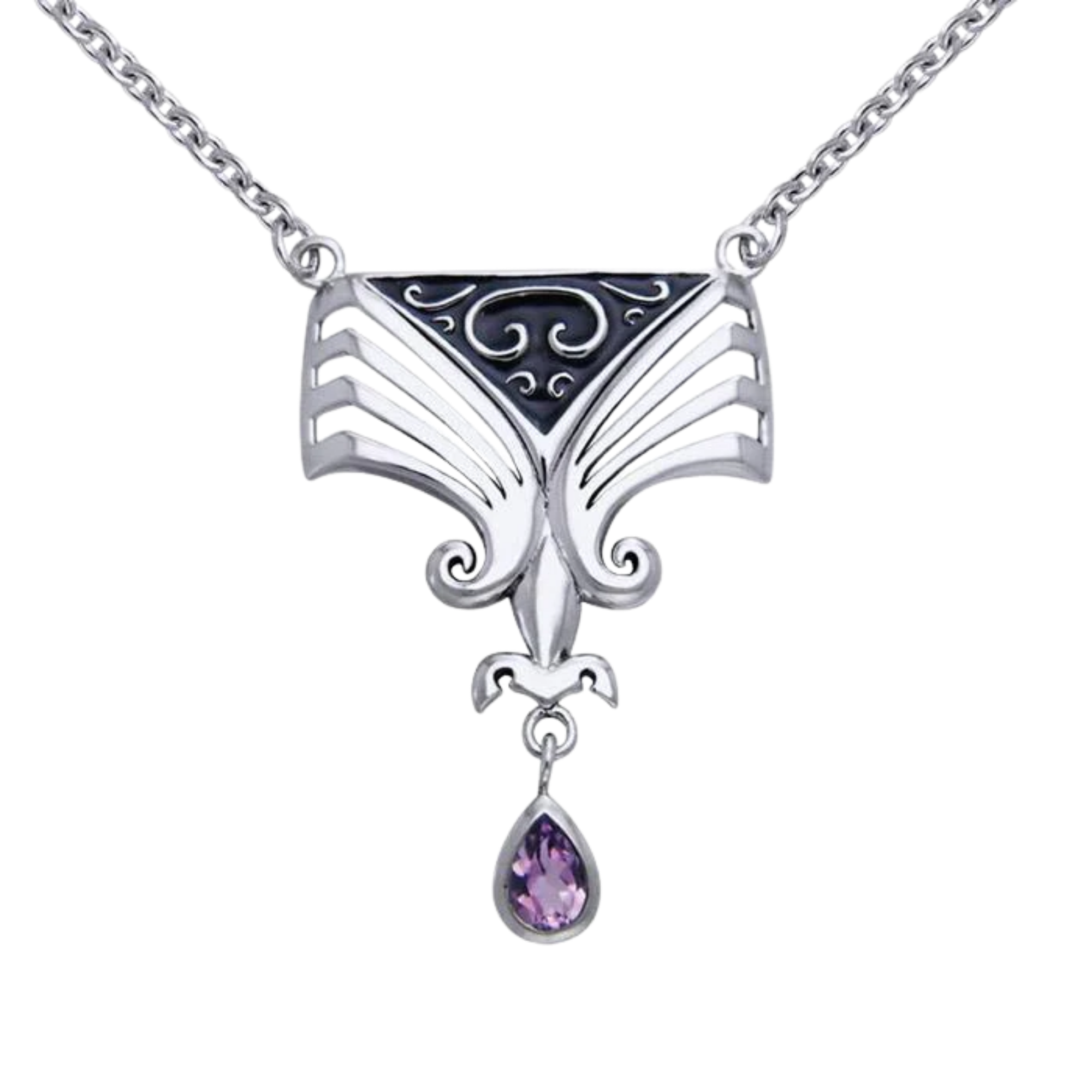 Silver pendant with ornate wing design, dark inlay, and purple gemstone drop.