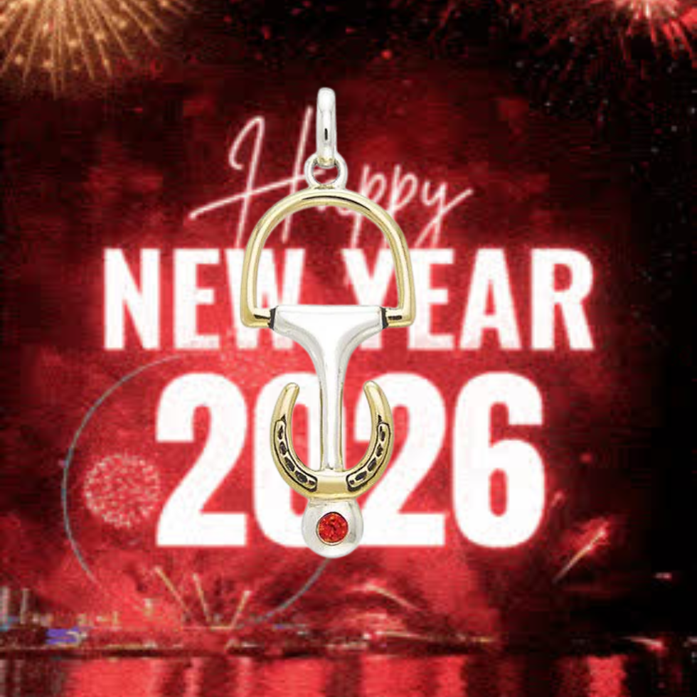 Thumbnail: Happy New Year 2026 text, a gold and silver pendant, fireworks.