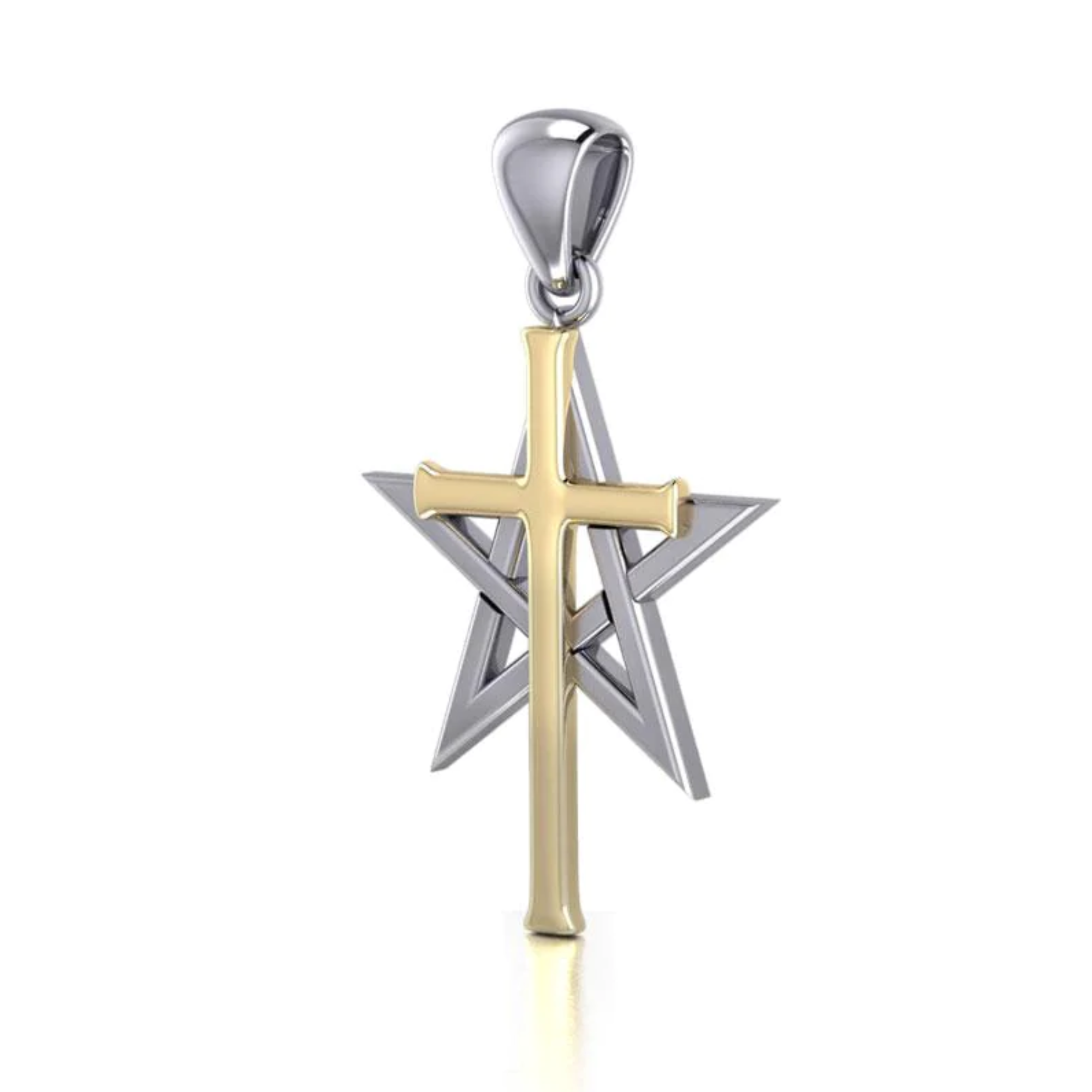 Silver pentagram pendant with an overlapping 14K gold cross design.