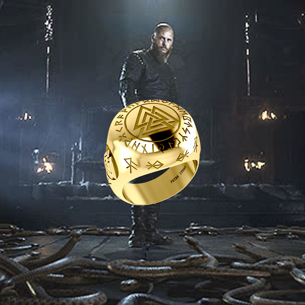 Thumbnail: Gold ring with Valknut runes, Ragnar Lothbrok in dark snake pit.