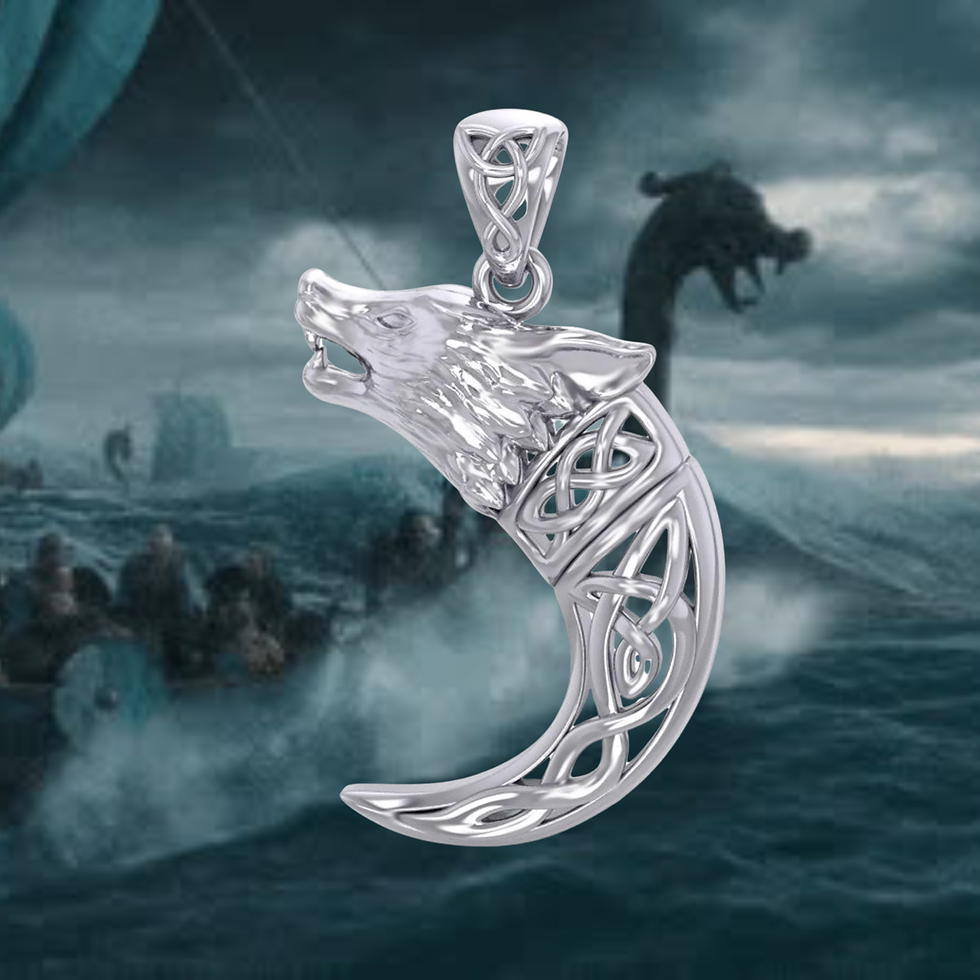 Thumbnail: Sterling silver wolf head pendant, Celtic knotwork, stormy Viking longship background.