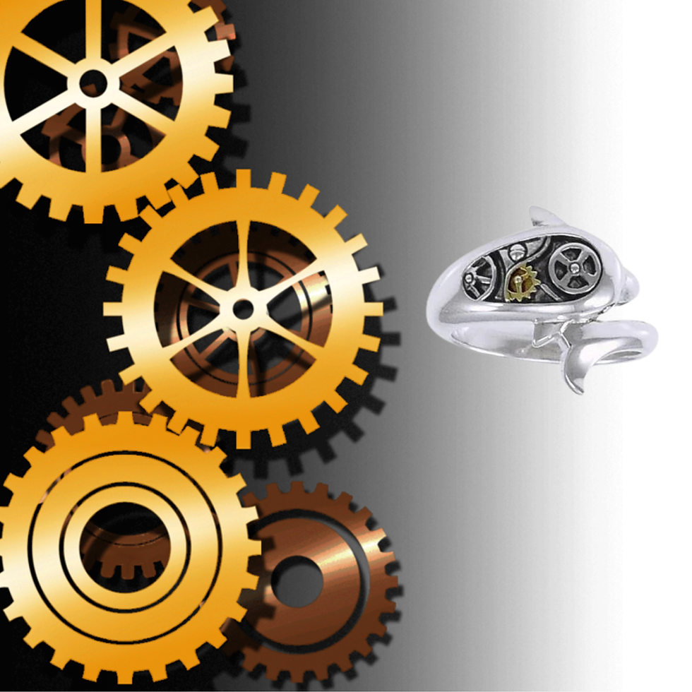 Thumbnail: Steampunk dolphin ring with visible gears, set against bronze and gold cogwheels.
