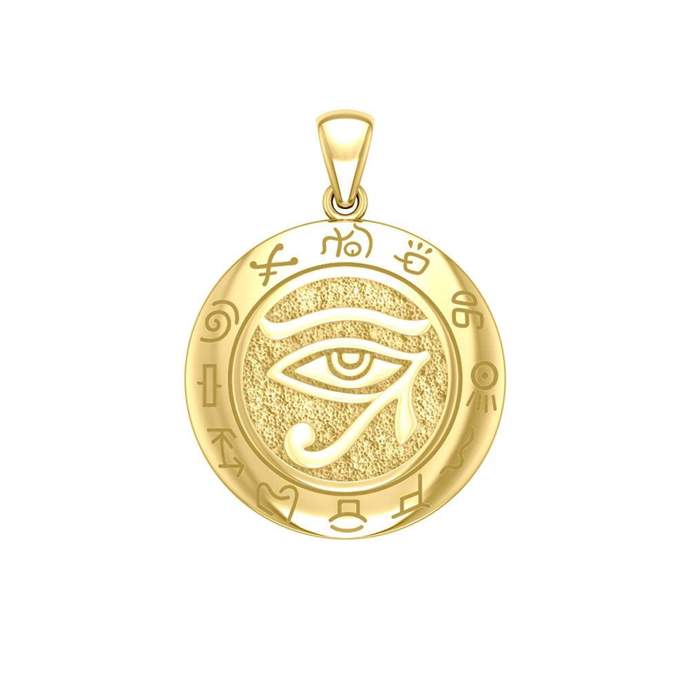 Gold circular pendant featuring detailed Eye of Horus and ancient symbols.