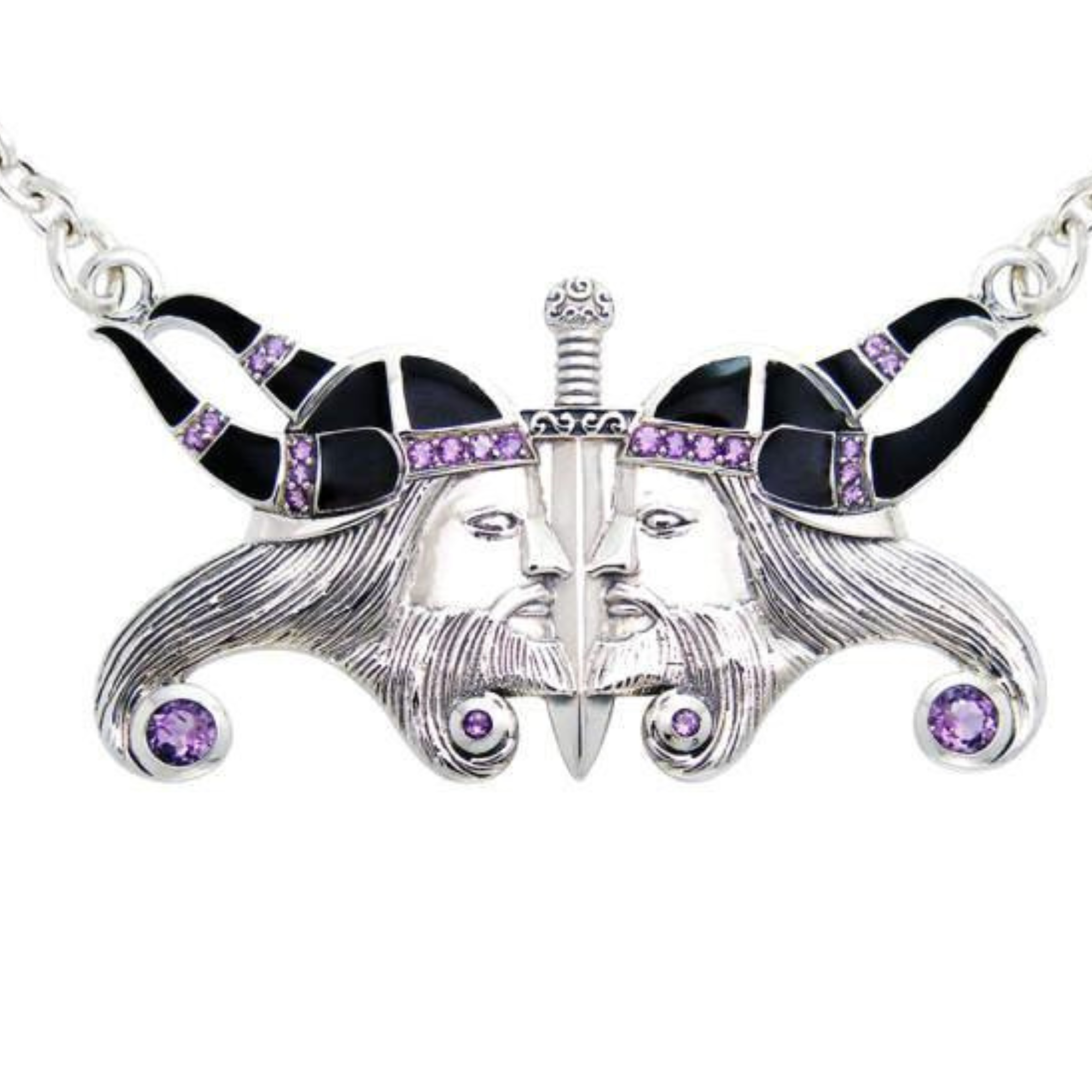 Silver Viking warrior faces pendant with sword and amethyst gems