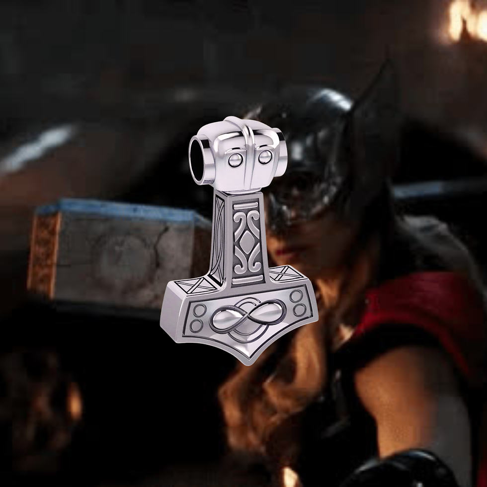 Thumbnail: Silver Thor's hammer pendant, female Thor wielding Mjolnir in background.