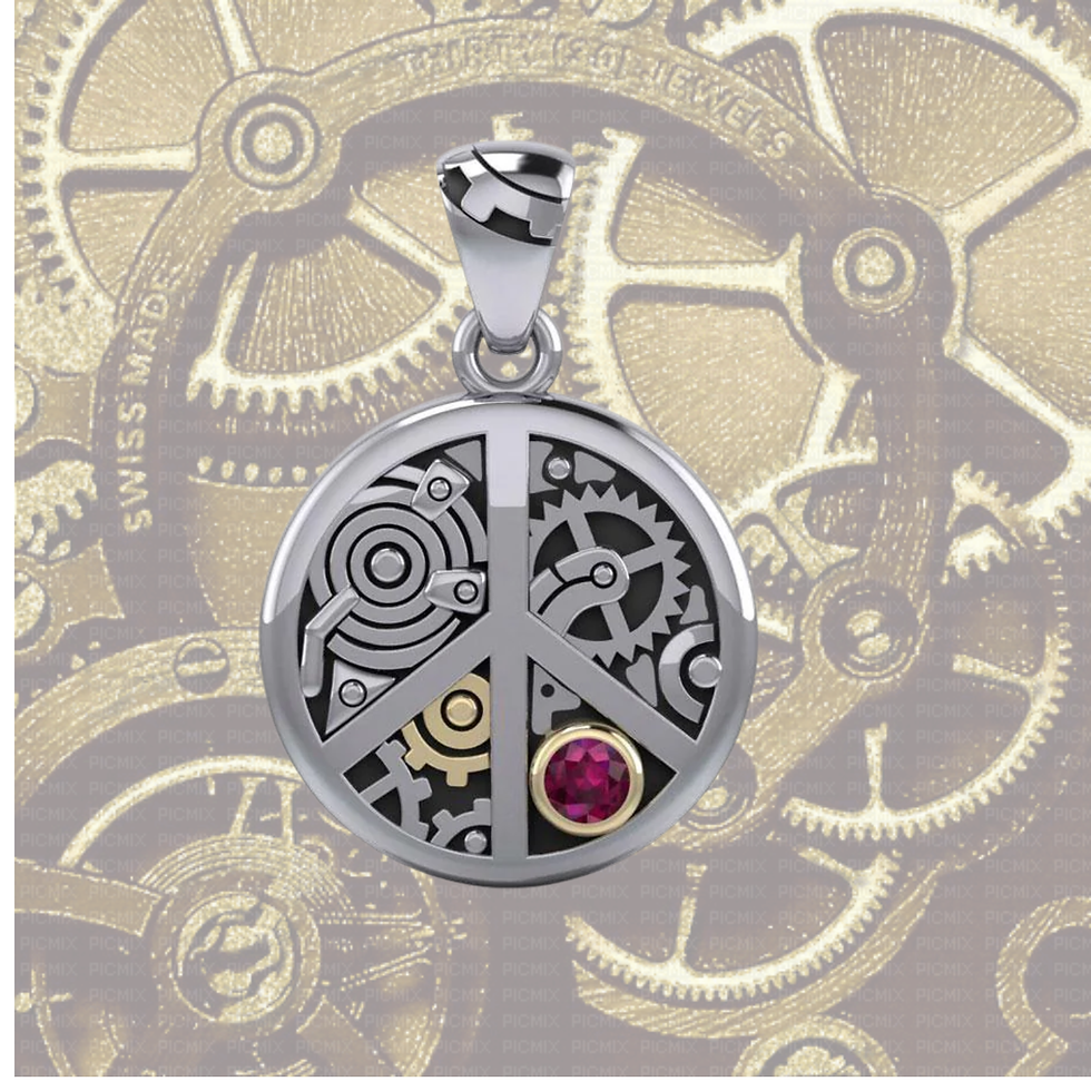 Thumbnail: Steampunk peace sign pendant with intricate gears and ruby accent.
