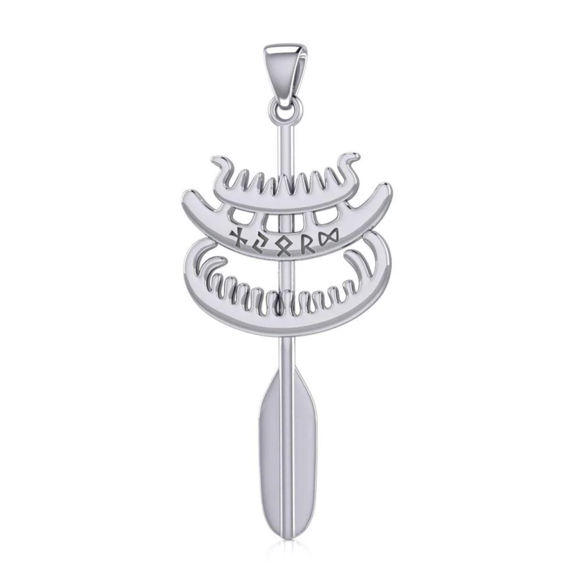 Elegant silver pendant featuring a stylized boat and paddle design.