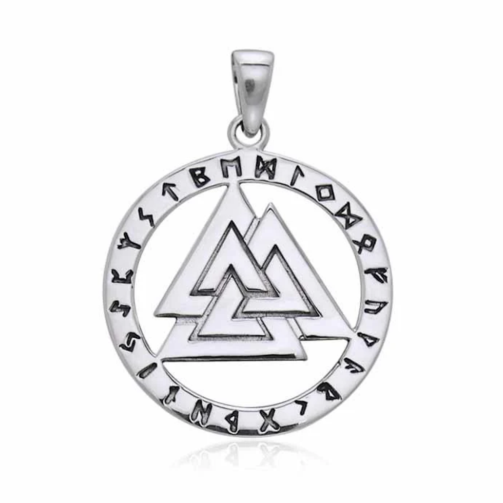 Silver circular pendant with Valknut symbol and runic inscription.