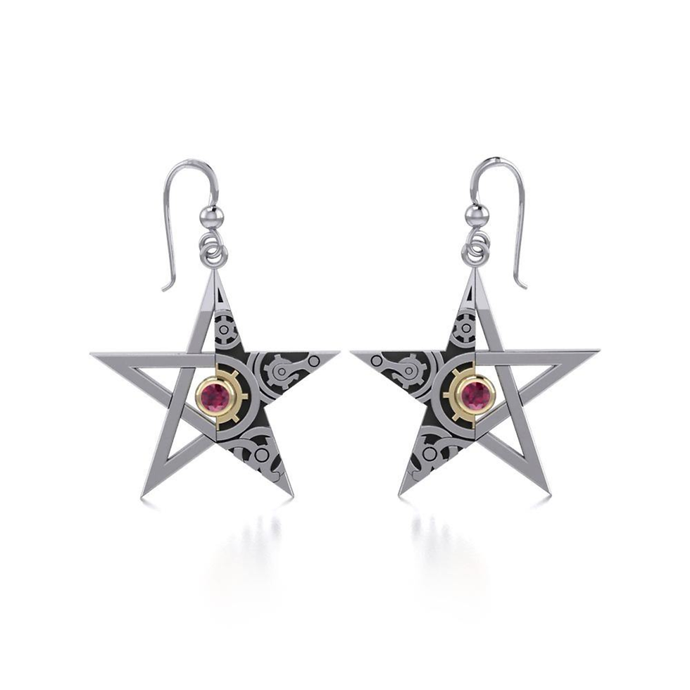 Pair of sterling silver star earrings with red gemstone and intricate details.