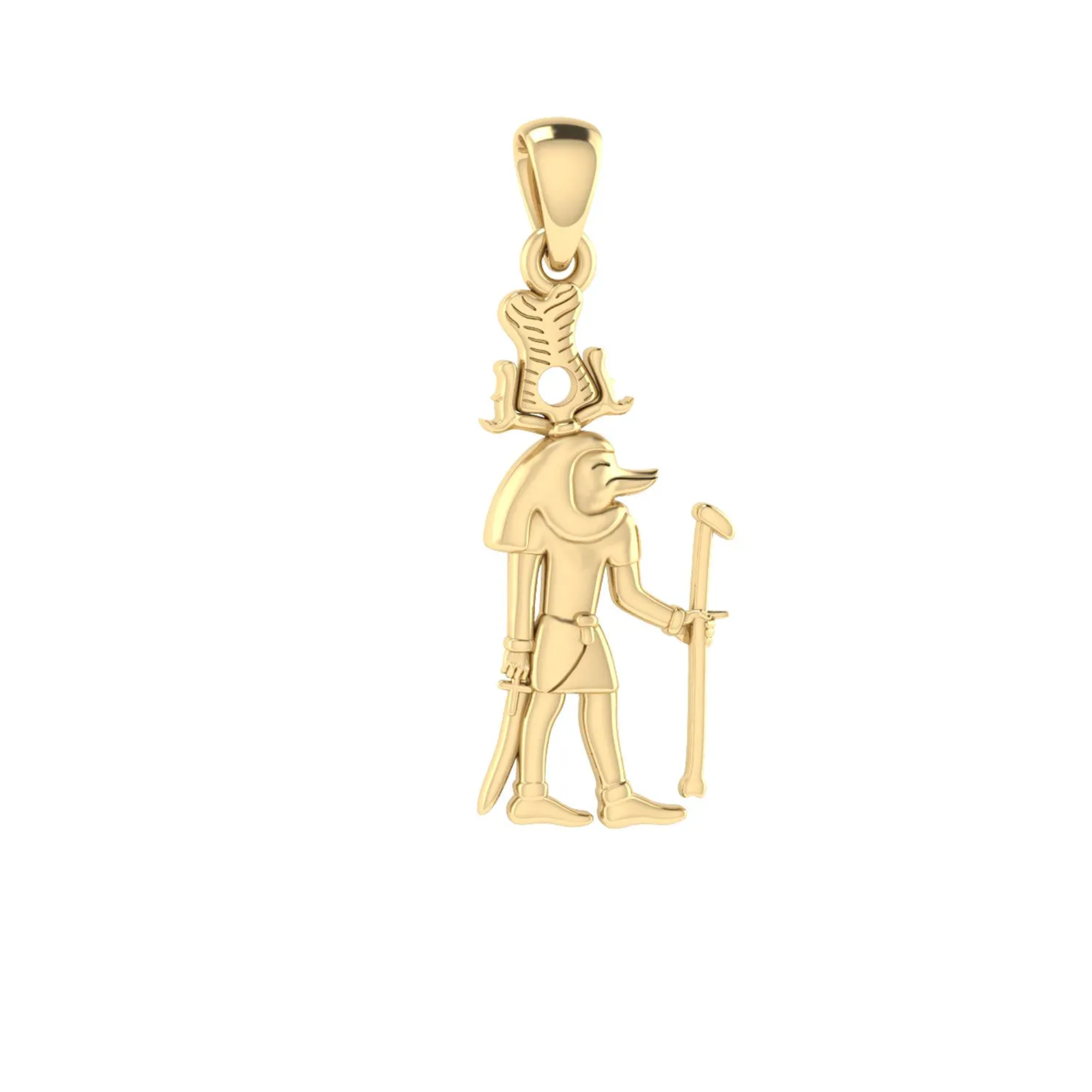 Gold pendant depicting Egyptian god Thoth with ibis head and staff.