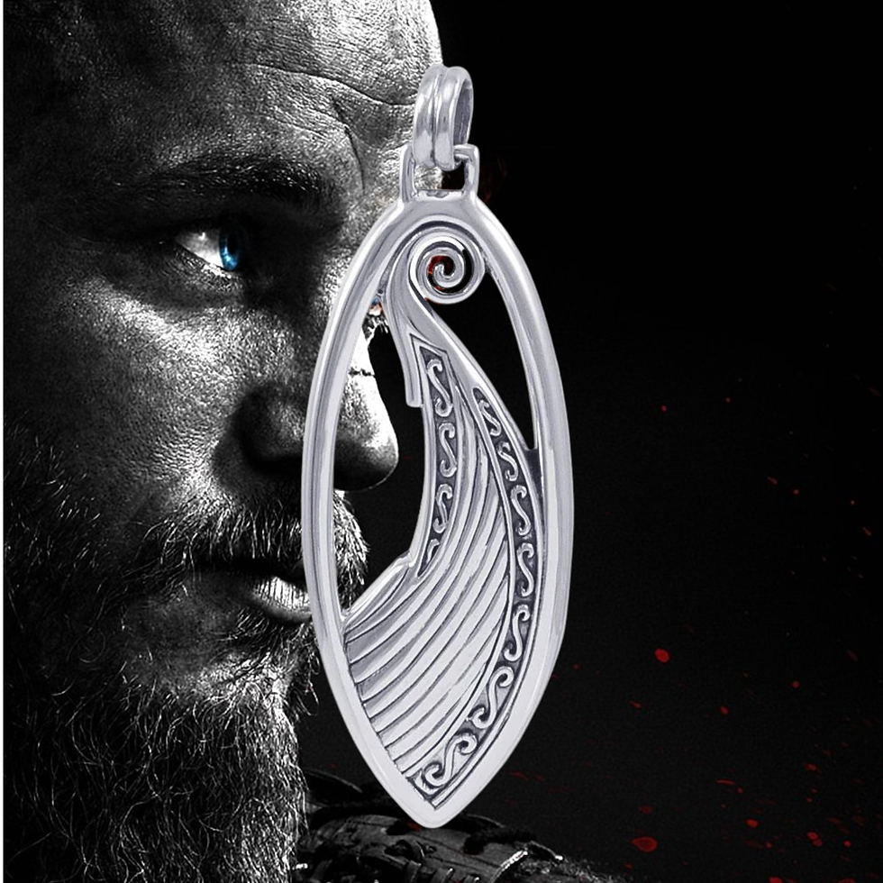 Thumbnail: Silver intricately carved longship pendant, Ragnar Lothbrok's face, blue eye.