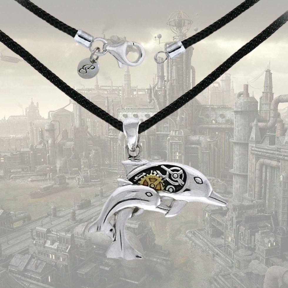 Thumbnail: Steampunk Dolphins Sterling Silver with 14K Gold Accent Pendant And Nylon Cord M