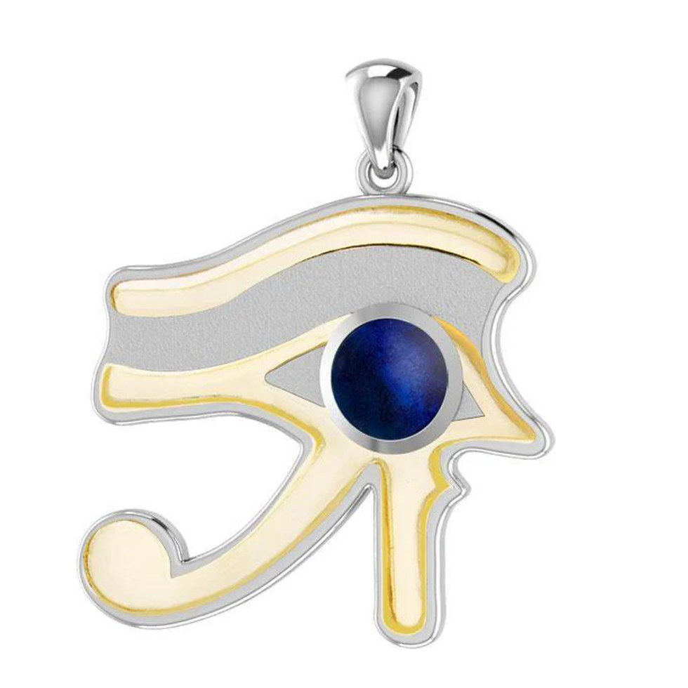 Silver Eye of Horus pendant with gold accents and blue lapis lazuli.