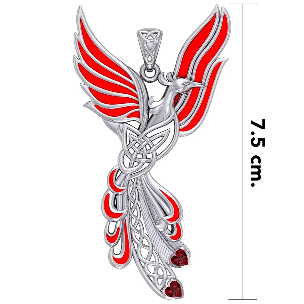 Thumbnail: Silver phoenix pendant, 7.5 cm, with red enamel wings, Celtic knot, heart gems.